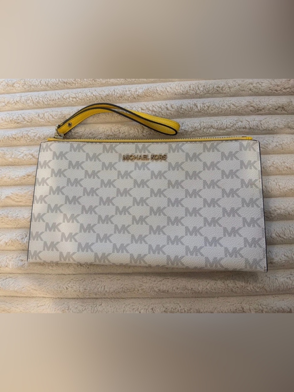 Michael Kors White Monogram Wristlet with Yellow Strap